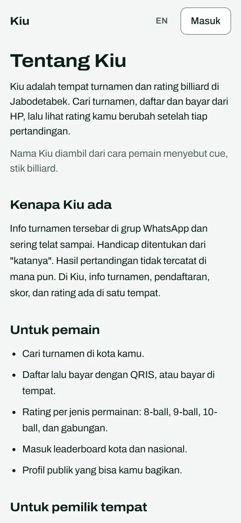 Halaman Tentang Kiu: alasan Kiu ada dan apa yang didapat pemain