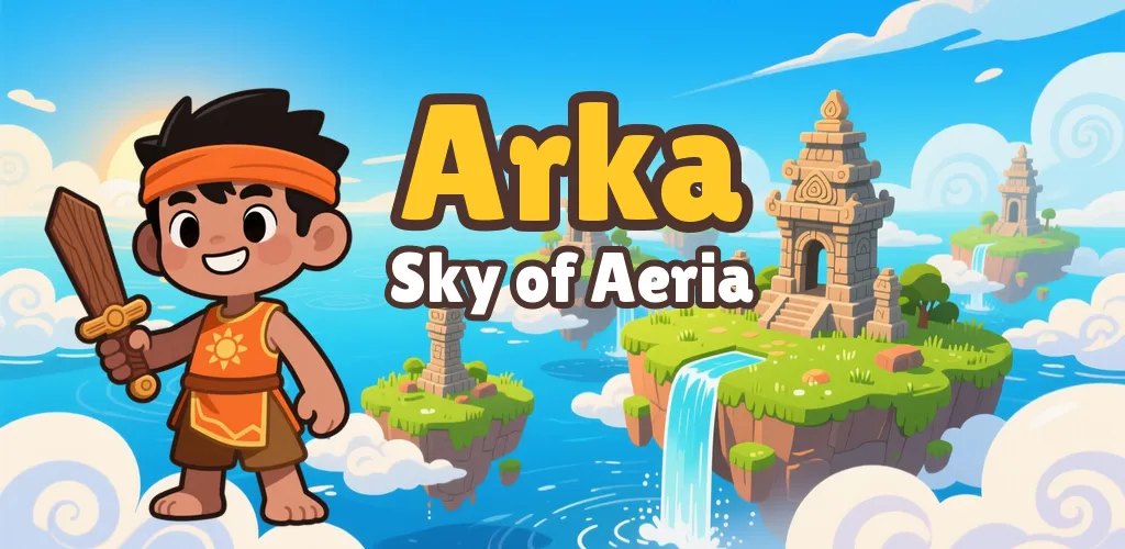 Arka, a boy with an orange headband and a wooden sword, above floating islands with temple towers