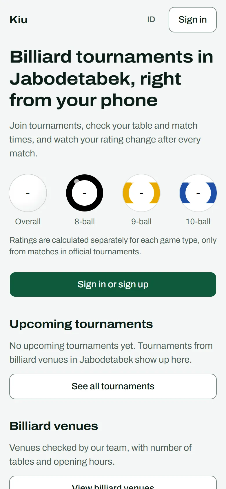 Kiu home screen on a phone with rating rings for 8-ball, 9-ball and 10-ball