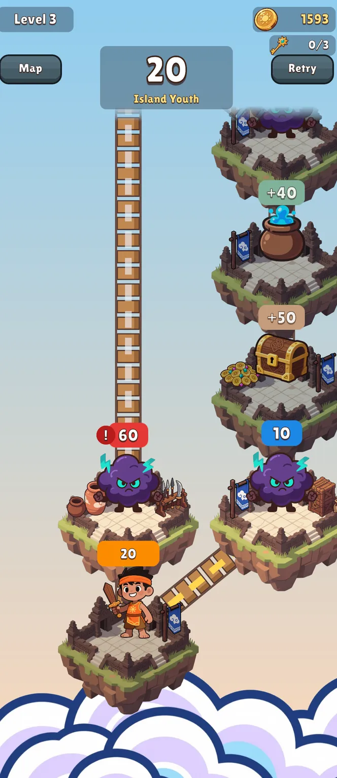 A level in Arka: rooms stacked on floating islands, each holding a number to beat